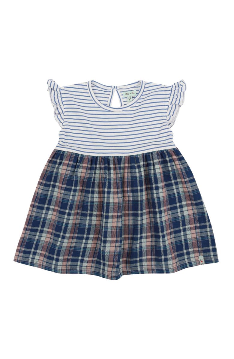 Lilly + Sid Organic Cotton Check And Stripe Dress, Main, color, Navy