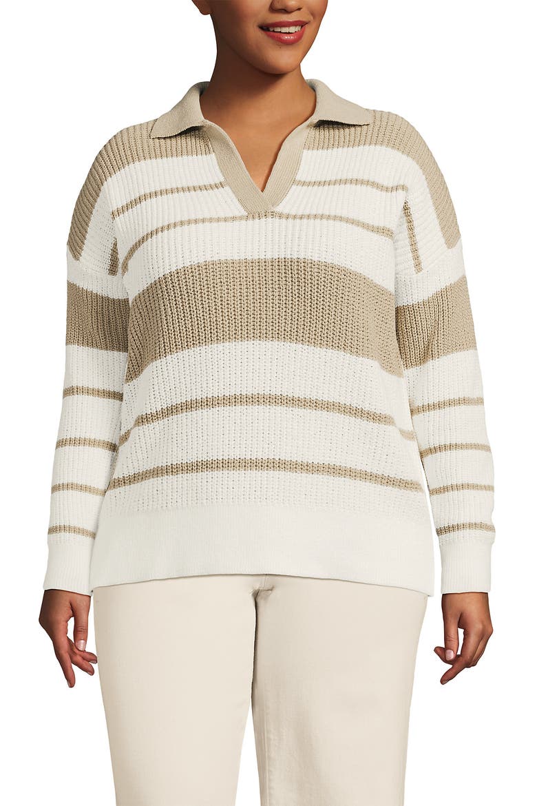 Cotton Boucle Johnny Collar Textured Sweater, Main, color, Ivory/Champagne Stripe