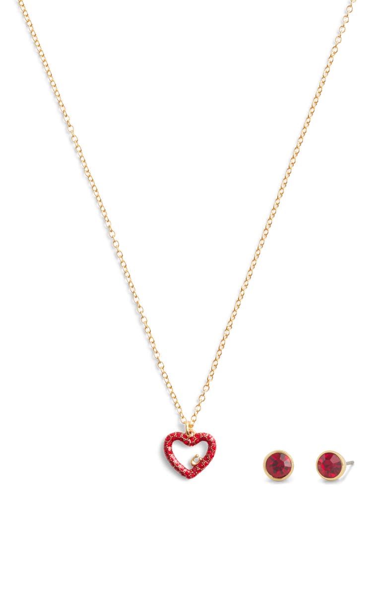 COACH Pavé Heart Pendant Necklace & Stud Earrings Set, Main, color, 