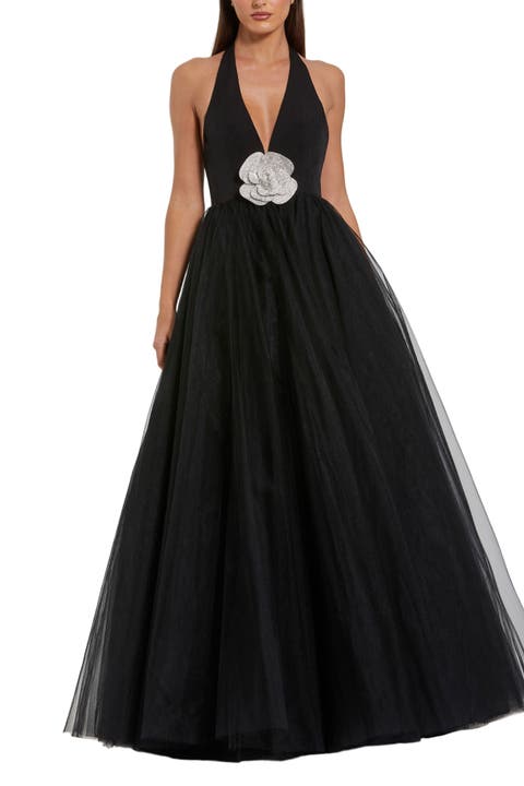 Women’s Jersey Halter Ballgown with Tulle Skirt and Floral Detail