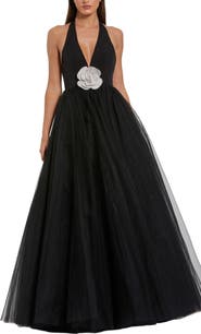 Mac Duggal Women’s Jersey Halter Ballgown with Tulle Skirt and Floral Detail
