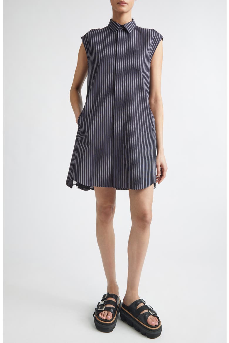 Stripe Cap Sleeve Poplin & Chiffon Shirtdress, Main, color, NAVY STRIPE