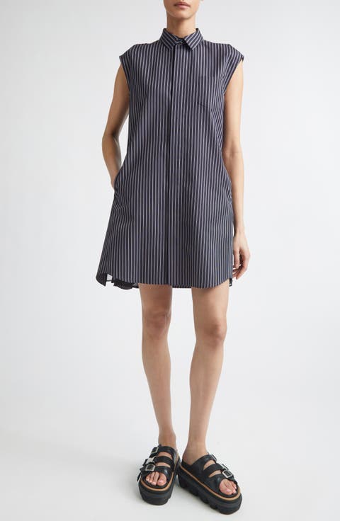 Stripe Cap Sleeve Poplin & Chiffon Shirtdress