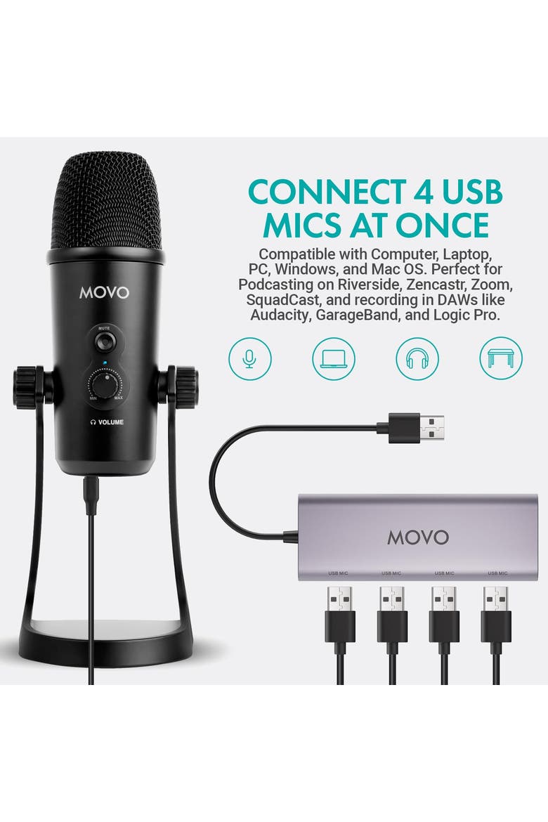 USB Podcast Equipment Bundle for 4 with USB Interface with 4 Condenser Microphones, Alternate, color, Black