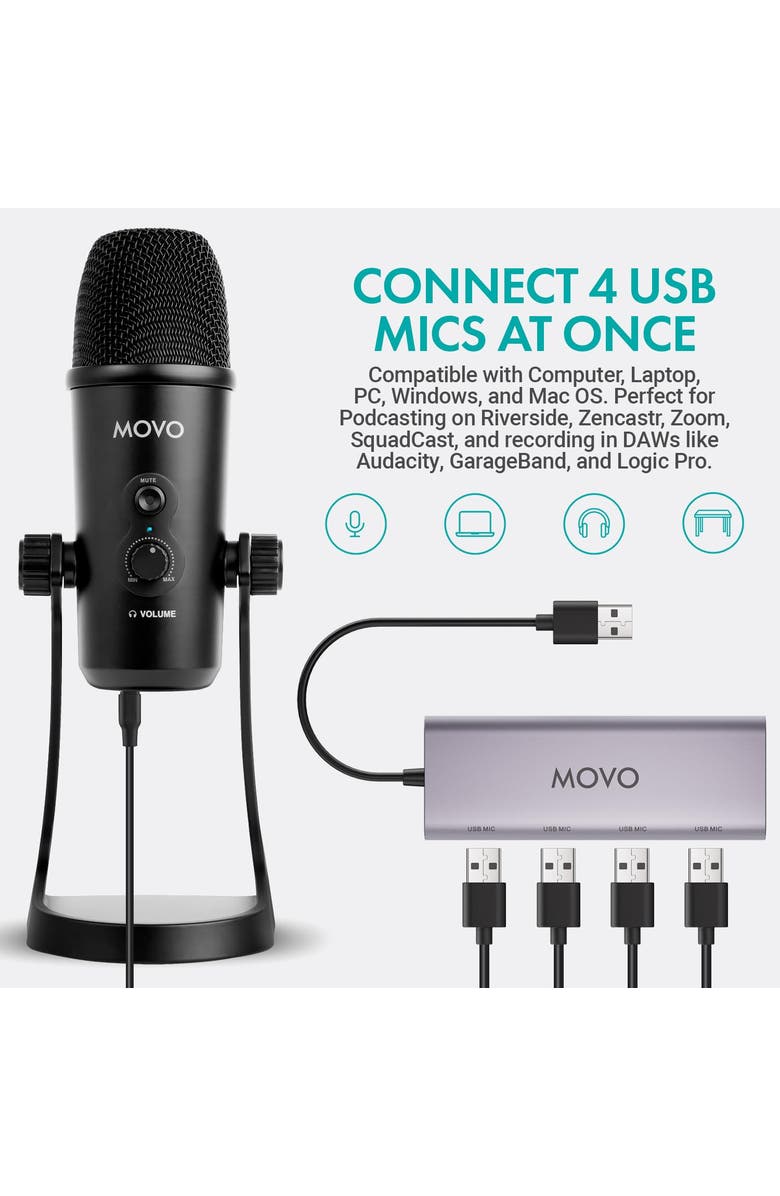 MOVO USB Podcast Equipment Bundle for 4 with USB Interface with 4 Condenser Microphones, Alternate, color, Black