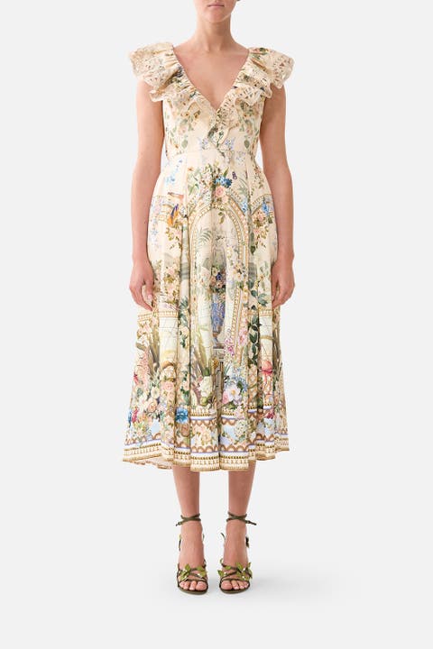 V Neck Frill Midi Dress