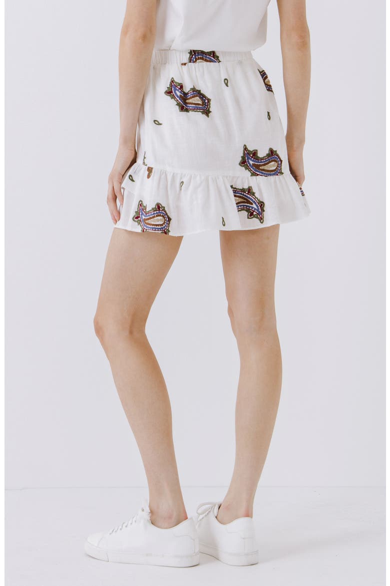 Paisley Embroidery Tiered Ruffle Cotton Miniskirt, Alternate, color, WHITE