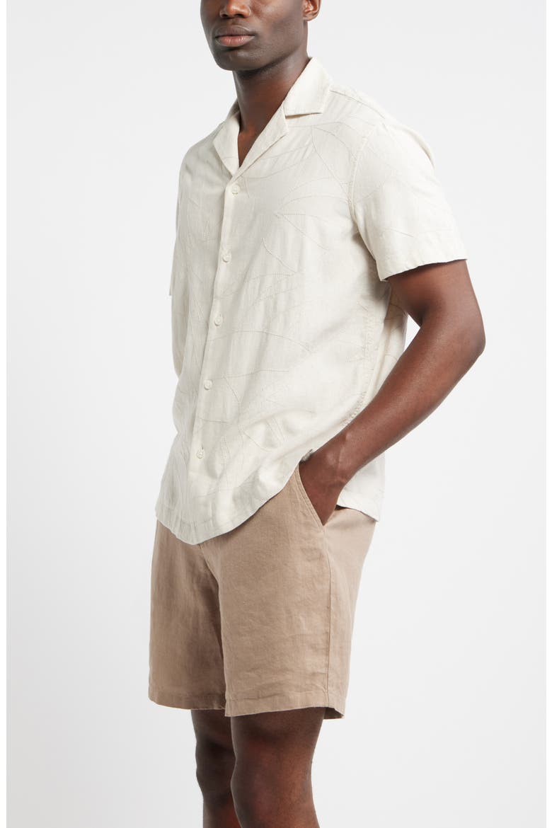 Embroidered Leaves Short Sleeve Linen Blend Button-Up Shirt, Alternate, color, BEIGE STITCHED LEAVES