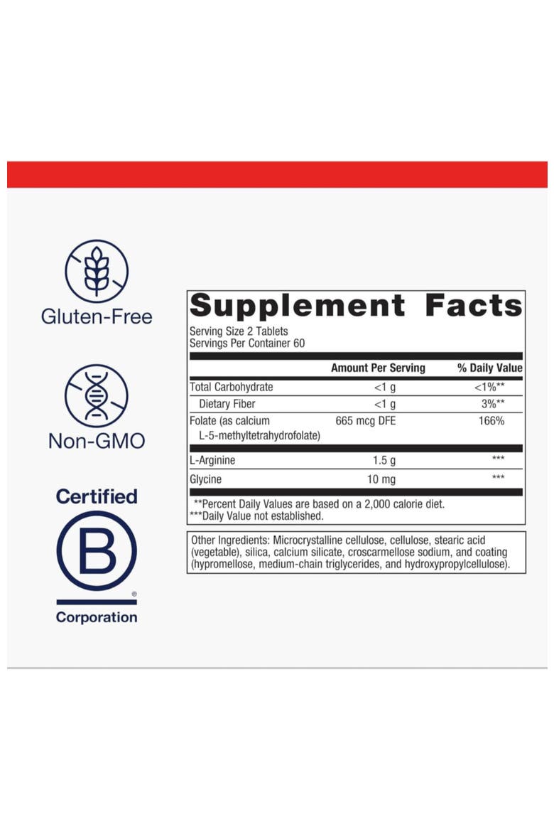 Arginine Plus L-Arginine Methyl Folate Cardiovascular Support 120 Tablets, Alternate, color, None