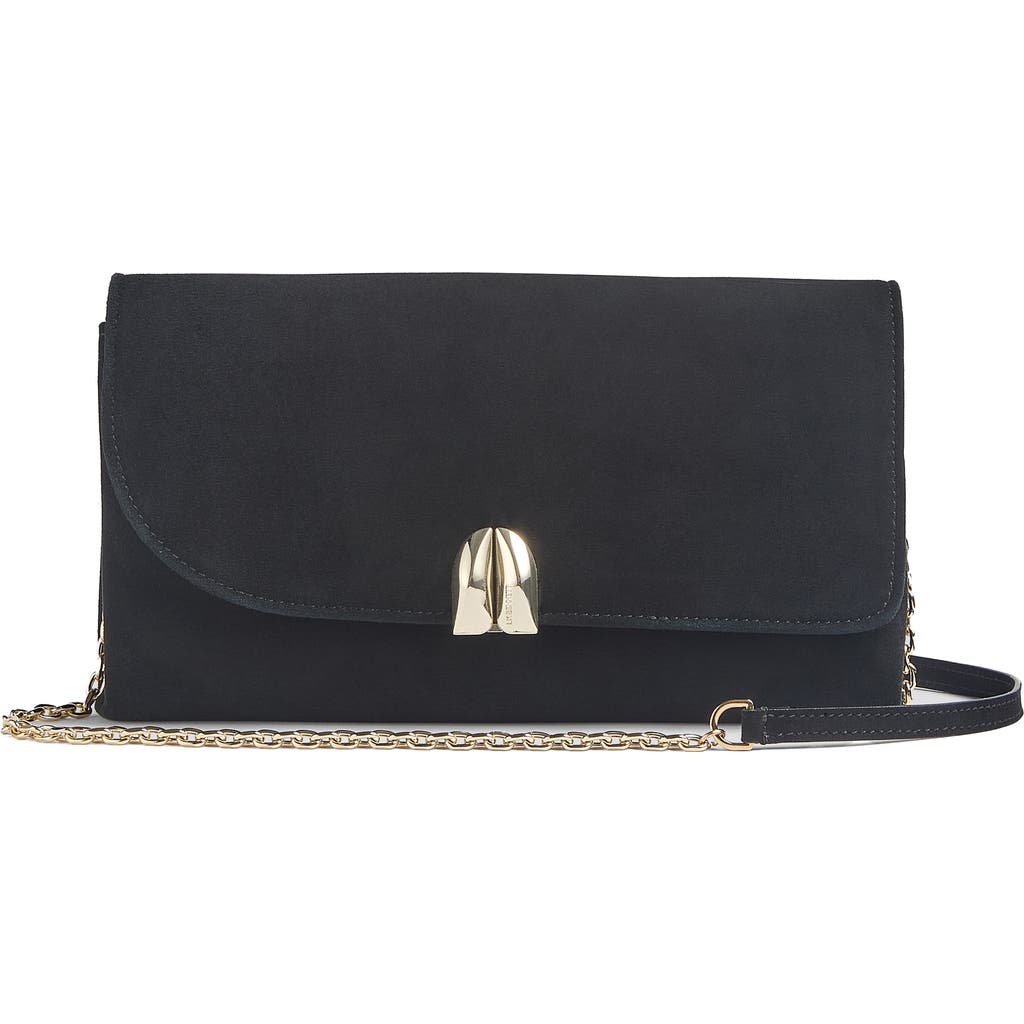 Lk Bennett Aria Curve Flap Suede Clutch In Black