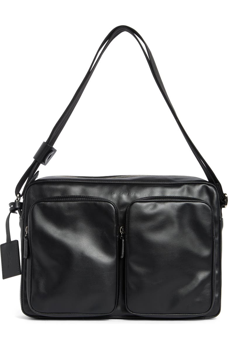 Longchamp Baxi Leather Messenger Bag, Main, color, Black