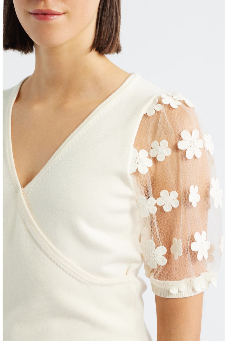 Floral Appliqué Short Sleeve Surplice Sweater, Alternate, color, CREAM