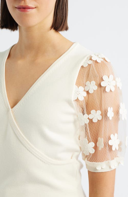 Bobeau Floral Appliqué Short Sleeve Surplice Sweater In White