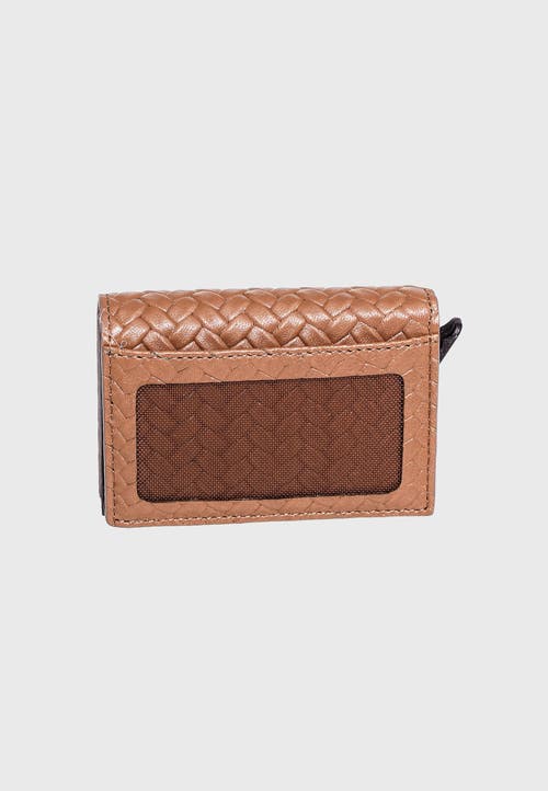 Furniq Uk Genuine Leather Weave Pattern Trifold Card Holder In Brown