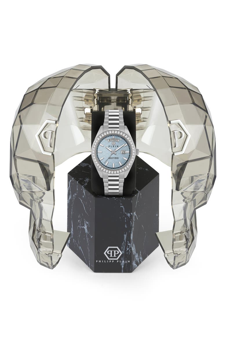 PHILIPP PLEIN Date Superlative Crystal Bezel Bracelet Watch, 42mm, Alternate, color, Stainless Steel