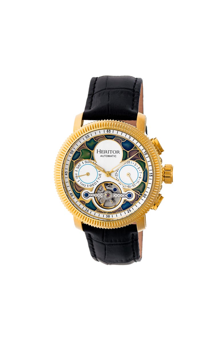 Heritor Automatic Aura Men's Semi-Skeleton Leather-Band Watch, Main, color, Gold/White