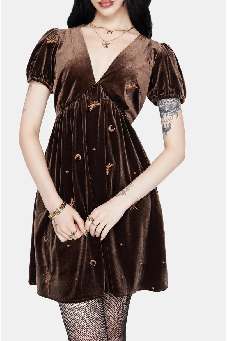 Seraphine Dragonfly Velour Mini Dress, Main, color, Brown