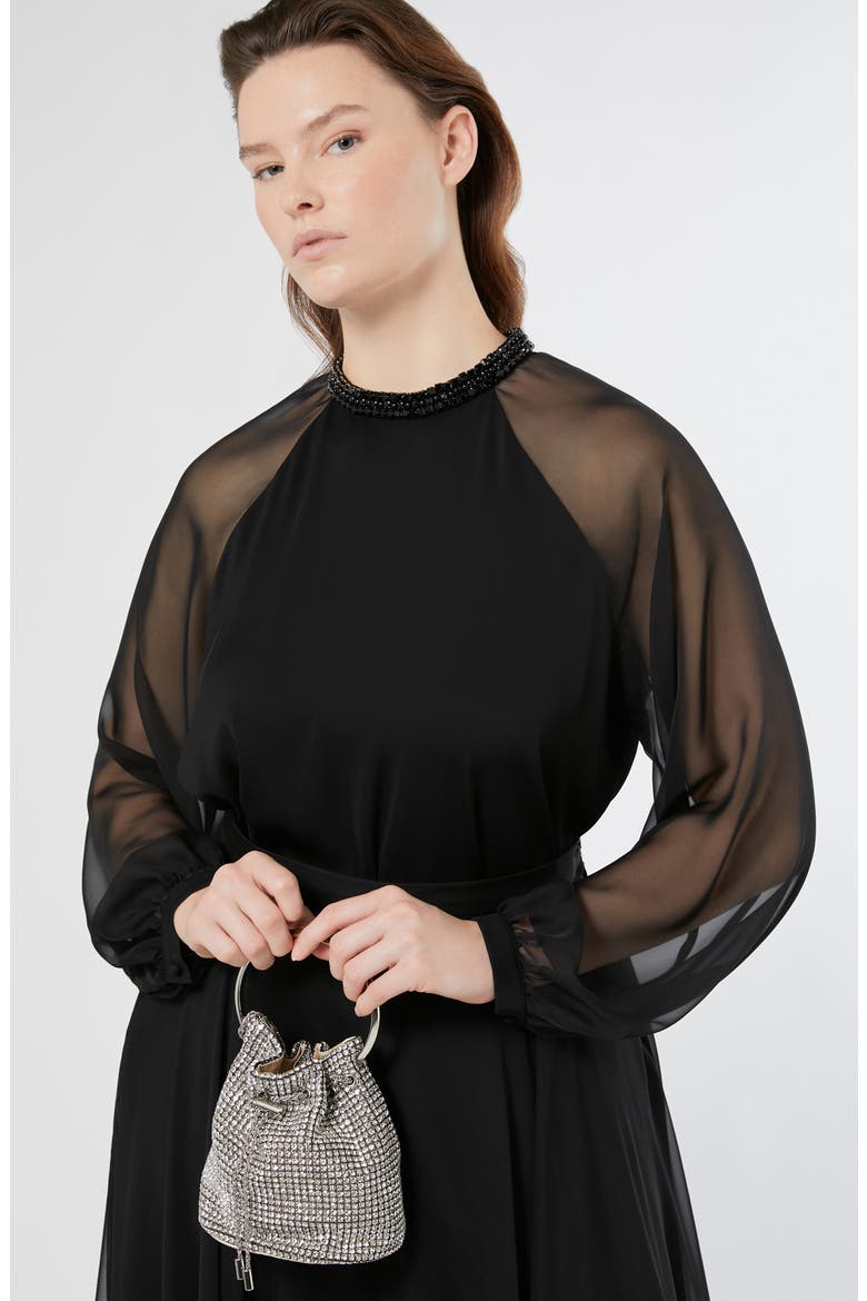 Cambusa Bead Neckline Sheer Sleeve Cady Top, Alternate, color, BLACK