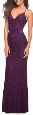 La Femme Lace Prom Dress with Illusion Embellished Sides
