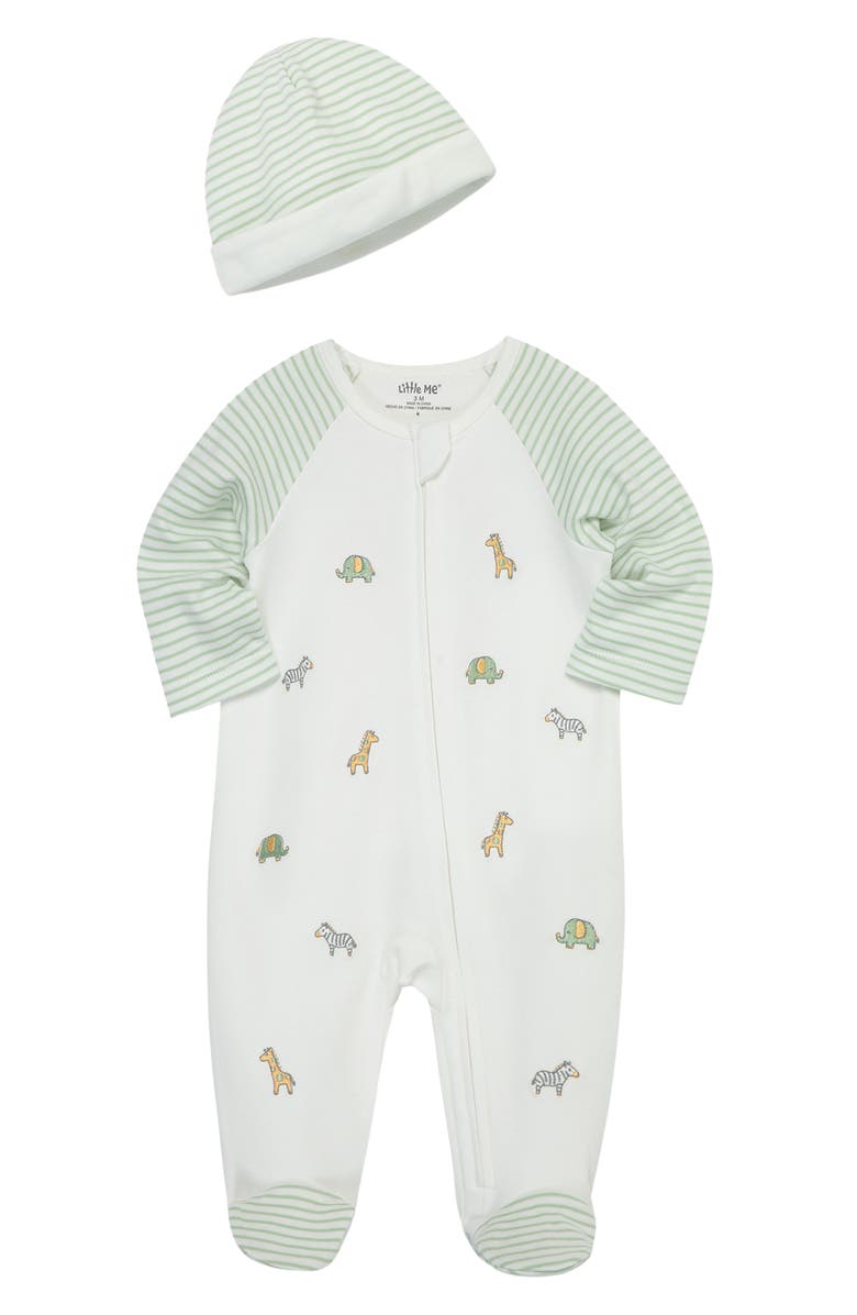 Little Me Safari Embroidered Cotton Footie & Hat Set, Alternate, color, Ivory