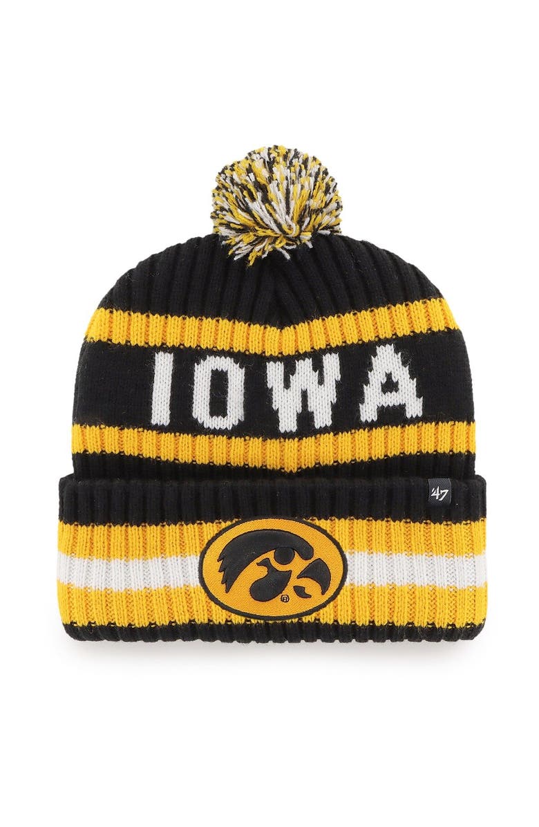 '47 Men's '47 Black Iowa Hawkeyes Bering Cuffed Knit Hat with Pom, Main, color, Black