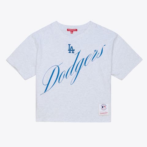Women's Mitchell & Ness  Heather Gray Los Angeles Dodgers Script Cropped Boxy T-Shirt