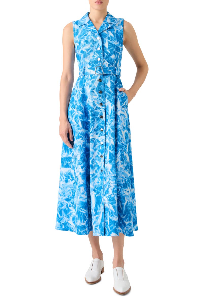 Akris Whitecaps Belted Godet Denim Shirtdress, Main, color, Twilight-Ecru