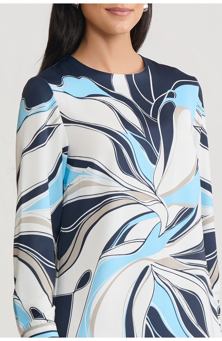 Ming Wang Floral Abstract Crepe de Chine Shift Dress, Alternate, color, Indigo/White/Serene