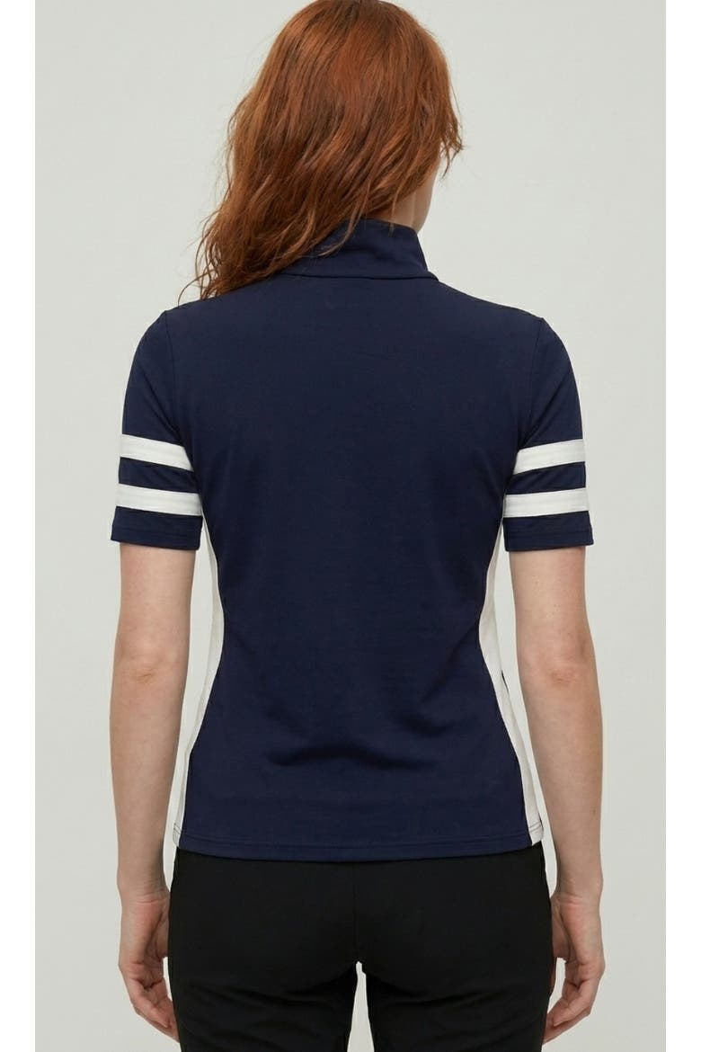 Serena Sport Striped Zip-Up Short Sleeve Top, Alternate, color, Navy/White