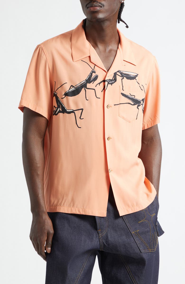 JW Anderson Praying Mantis Print Camp Shirt, Main, color, Peach