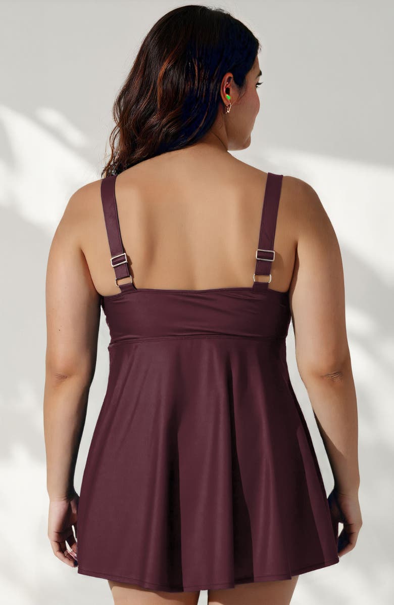 Calypsa Plus Size Amber Flared Tankini Swim Top With Adjustable Straps and Removable Cups, Alternate, color, Wine