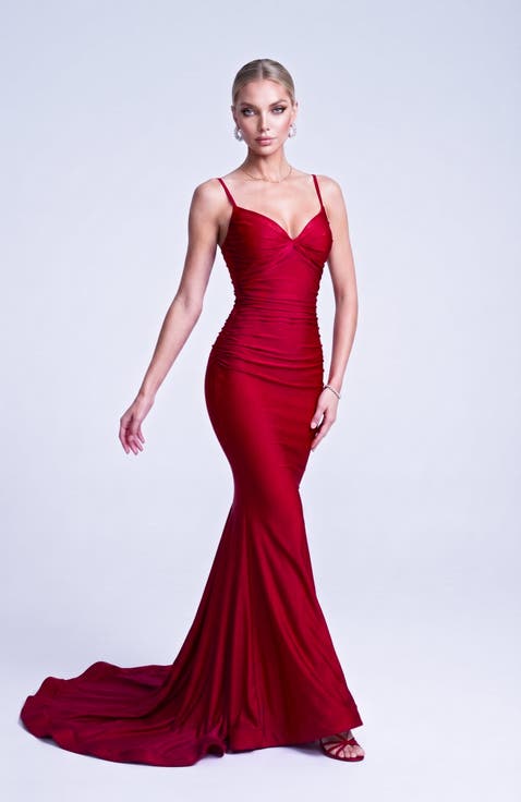 Ruched Lace-Up Open Back Mermaid Gown