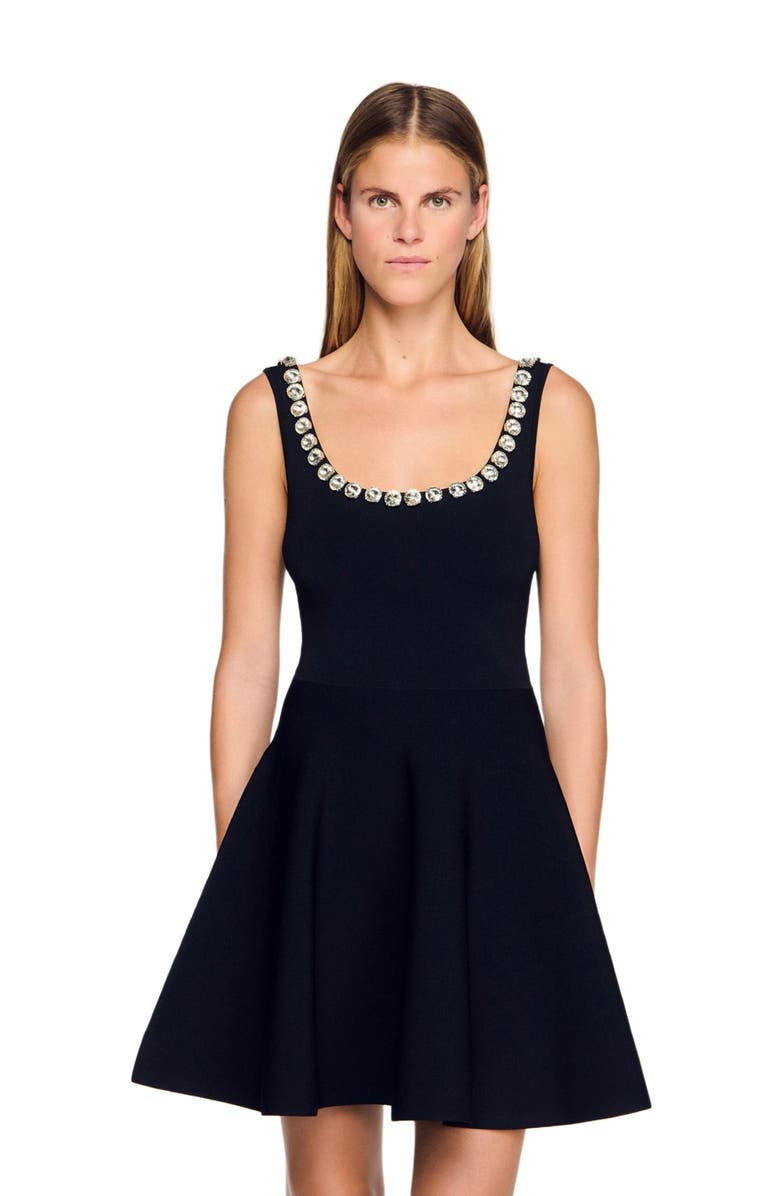 SANDRO Short dress with rhinestone neck, Alternate, color, Black
