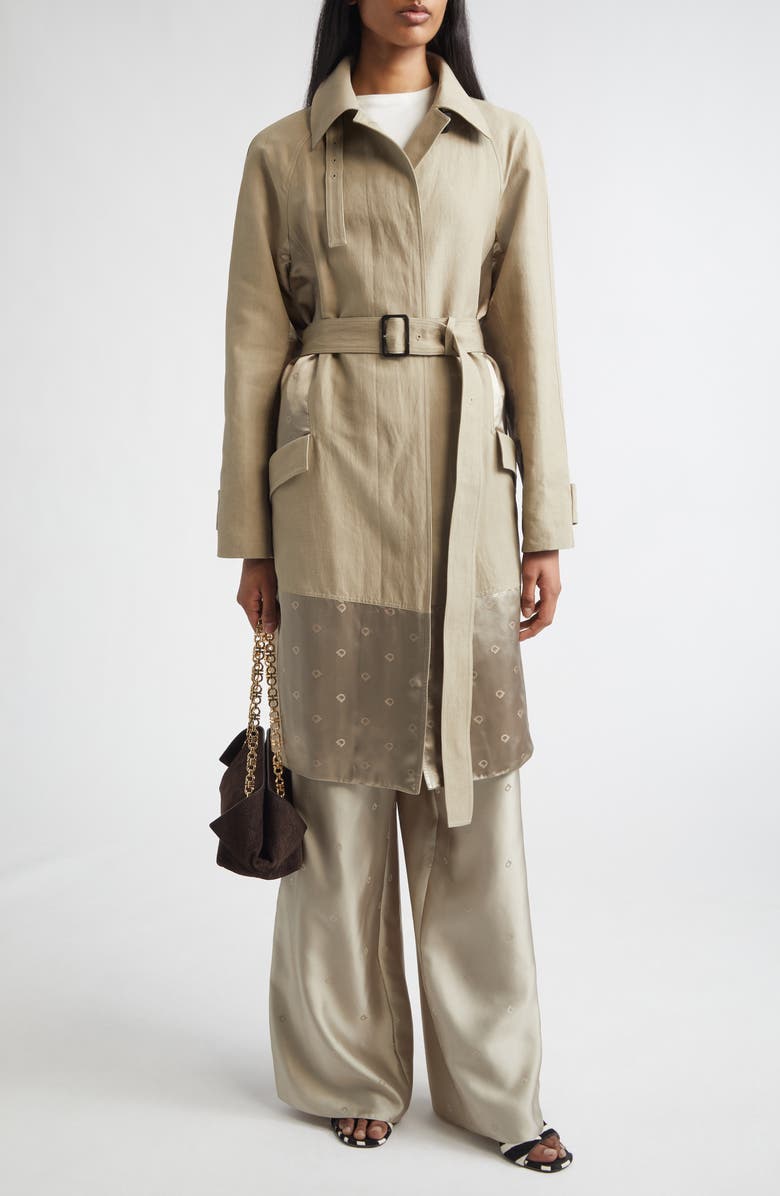 FERRAGAMO Satin Inset Belted Duster Coat, Alternate, color, Safari