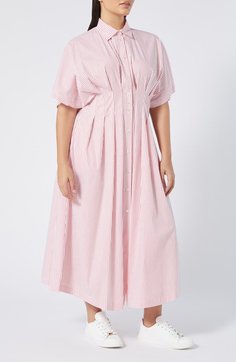 Marina Rinaldi Locri Stripe Short Sleeve Cotton Poplin Shirtdress, Main, color, Red