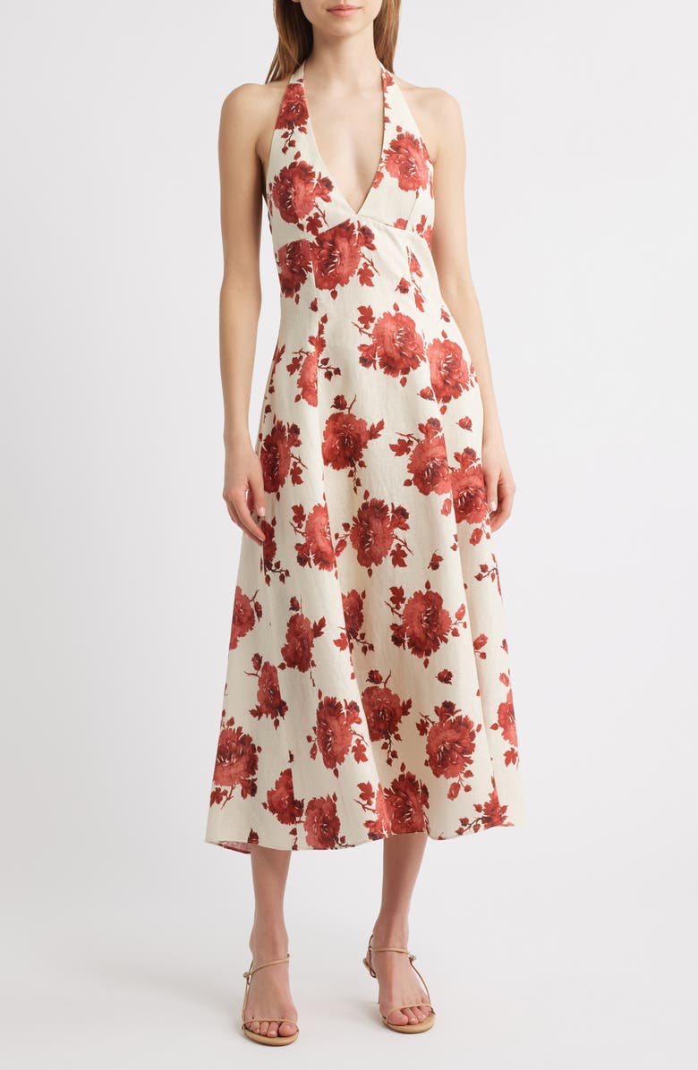 Faithfull the Brand Marais Halter Midi Dress, Main, color, Cecile Floral - Garnet