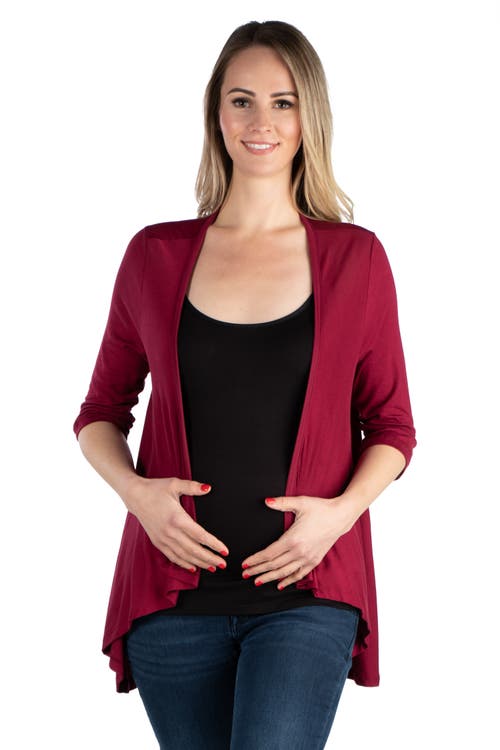 24seven Comfort Apparel Maternity Elbow Length Sleeve Open Cardigan In Burgundy
