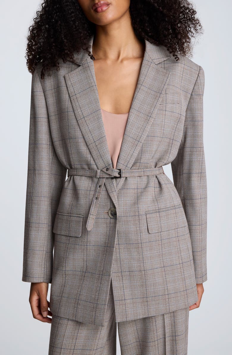 Kenneth Cole Belted Plaid One-Button Blazer, Main, color, Pewter Green Multi