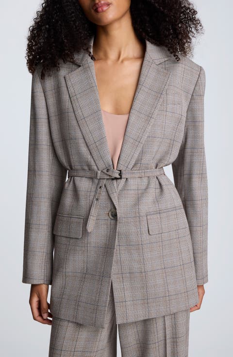 Belted Plaid One-Button Blazer