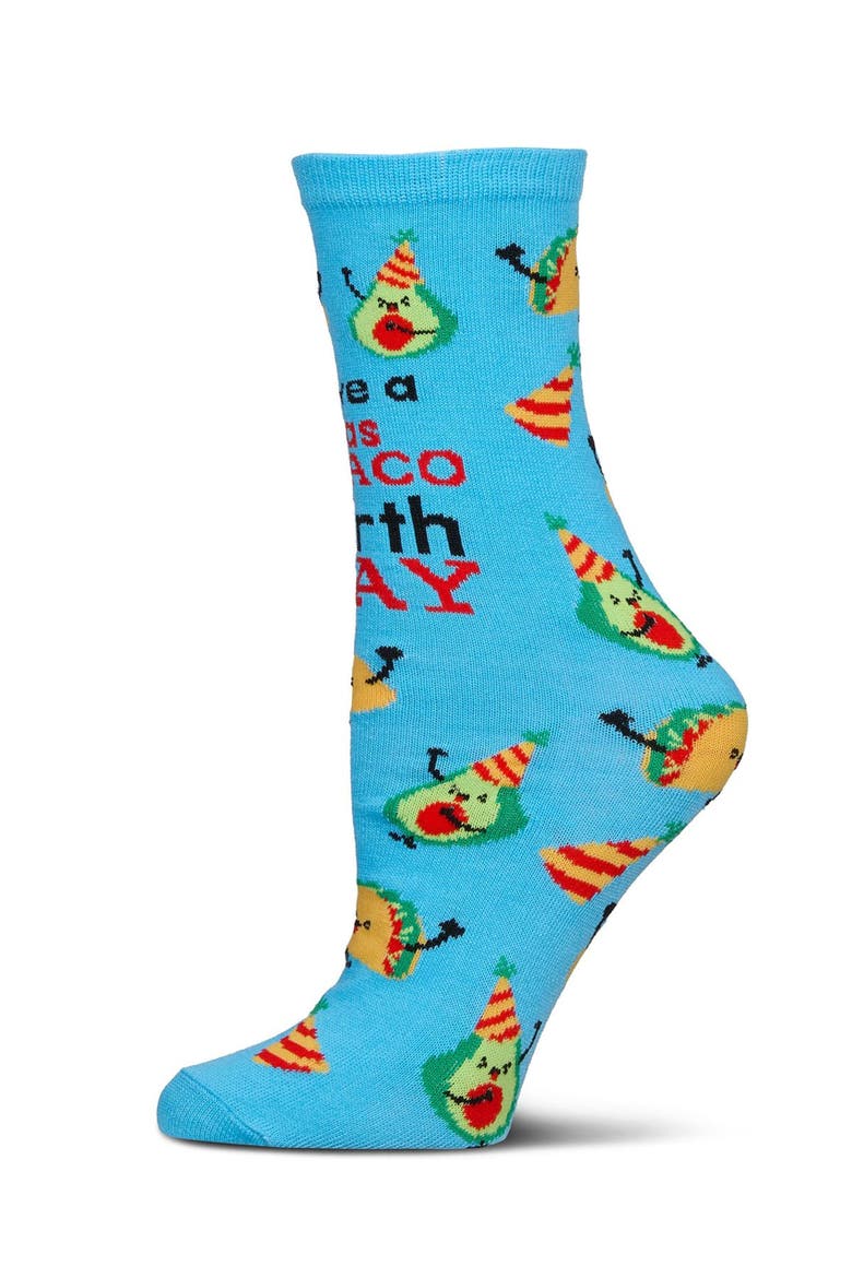 Big Kid's Have a FantasTACO Birthday Greeting Card Crew Socks, Alternate, color, Blue Grotto