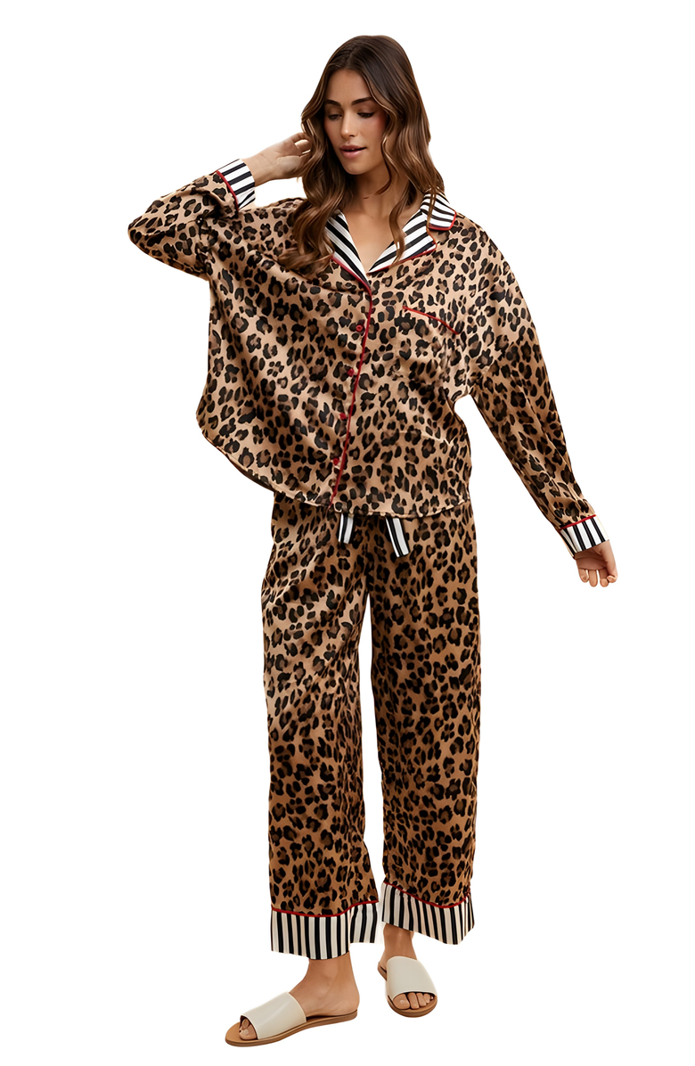 Knit and Lounge Leopard Print Striped Trim Pajama Set, Alternate, color, Leopard Print