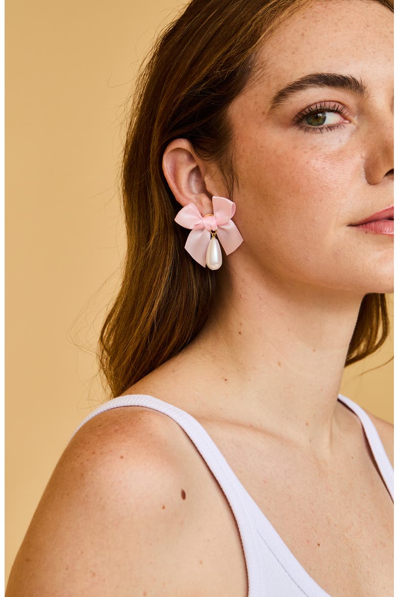Bow Imitation Pearl Drop Earrings, Alternate, color, BALLET