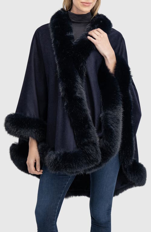 Lyla Grant Cashmere & Wool Blend Cape With Fur-free Fox (faux Fur) Trim In Blue