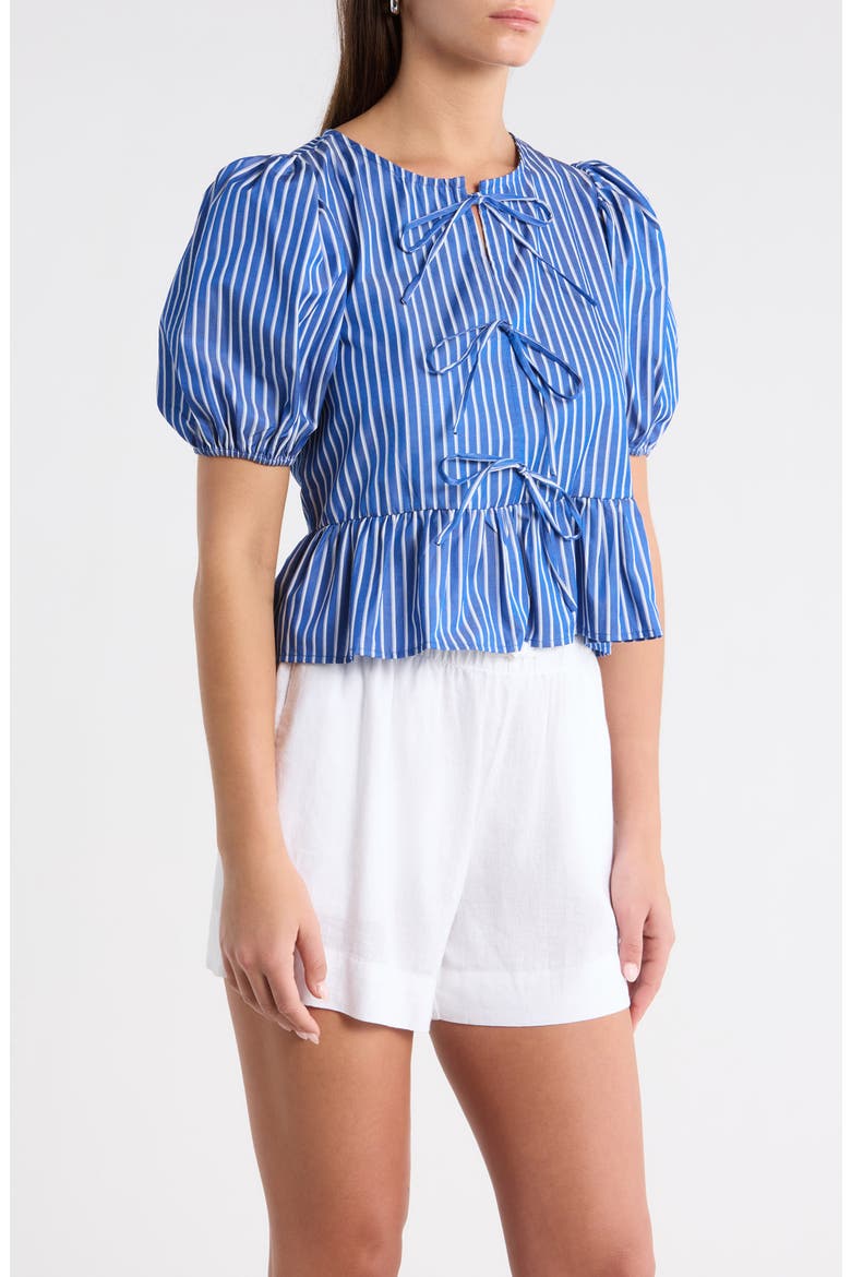 Vester Tie Front Puff Sleeve Top, Alternate, color, BLUE/ WHITE