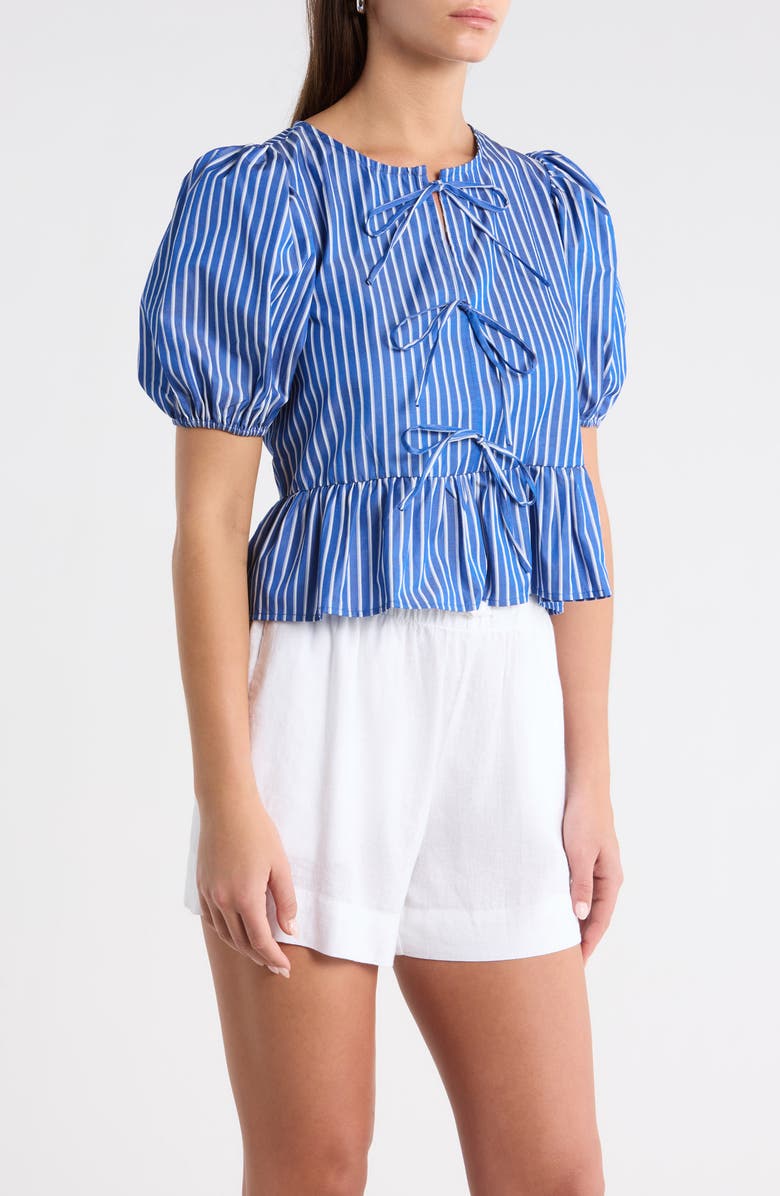 SUGARLIPS Vester Tie Front Puff Sleeve Top, Alternate, color, Blue/ White