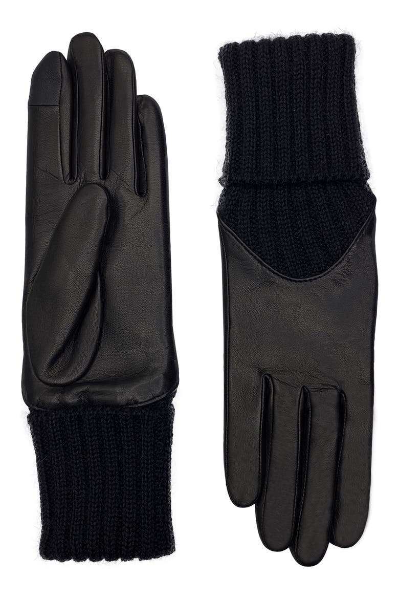Mixed Media Leather Gloves, Main, color, BLACK