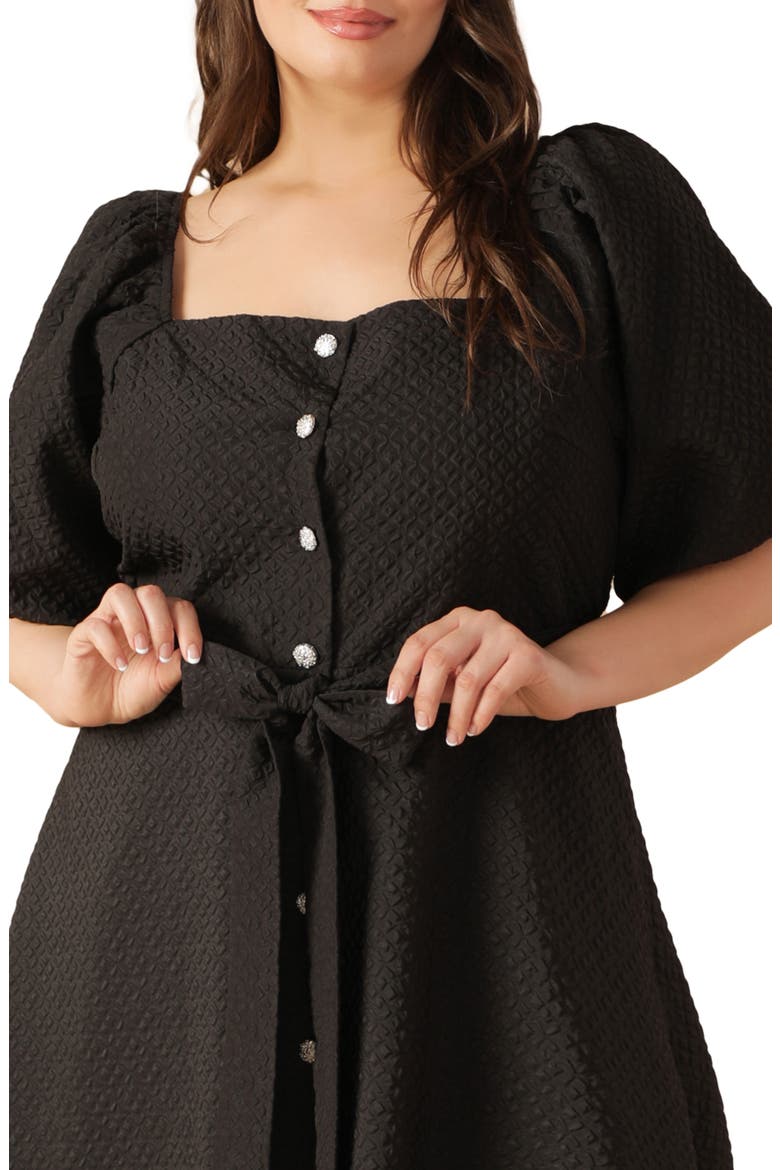 Textured Tie Waist Puff Sleeve Midi Dress, Alternate, color, BLACK