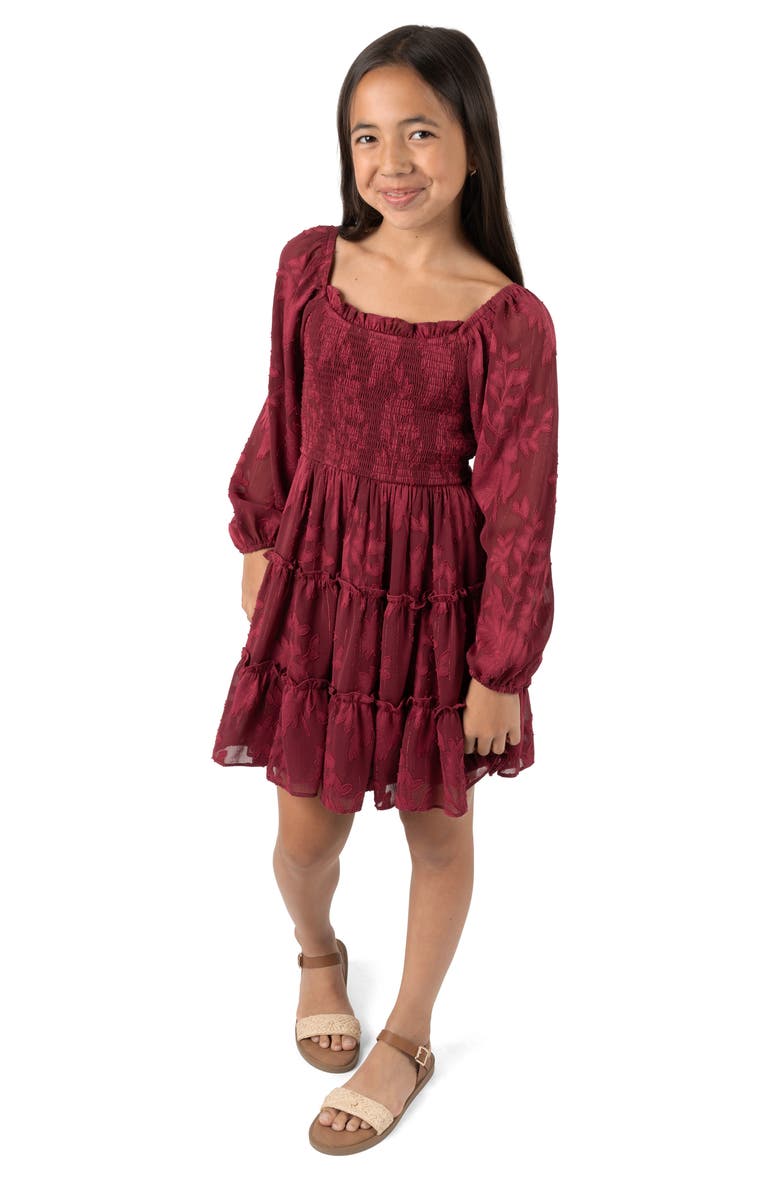Rare Editions Kids' Burnout Chiffon Long Sleeve Dress, Alternate, color, Burgundy