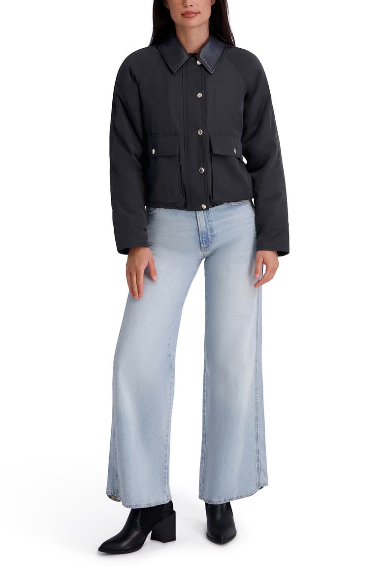 Faux Leather Collar Twill Rain Jacket, Alternate, color, BLACK