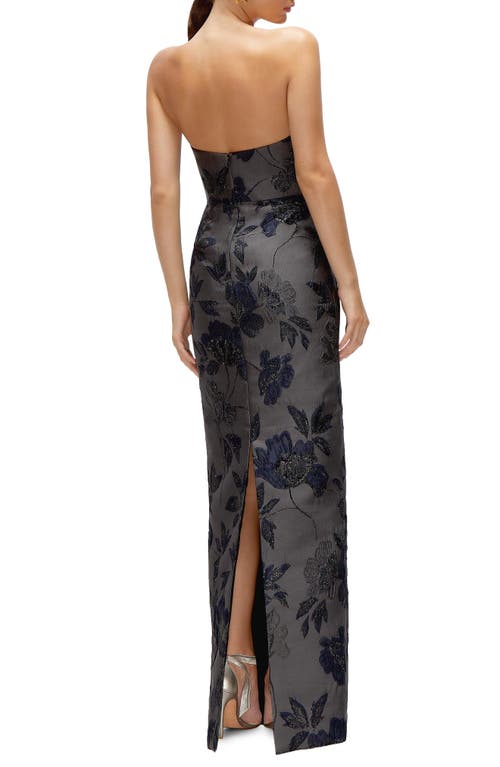 Alfred Sung Metallic Floral Jacquard Strapless Sheath Gown In Noir Midnight Navy
